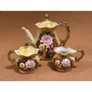 Enesco Floral Porcelain Tea Set Teapot Lid Sugar Bowl Creamer Gold Handles E2355